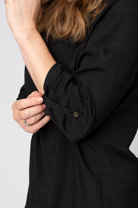 Roll Sleeve V Neck Pocket Blouse