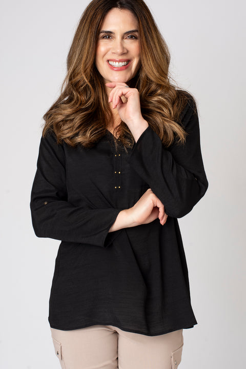 Roll Sleeve V Neck Pocket Blouse
