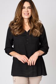 Roll Sleeve V Neck Pocket Blouse