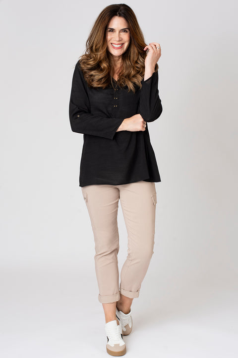Roll Sleeve V Neck Pocket Blouse