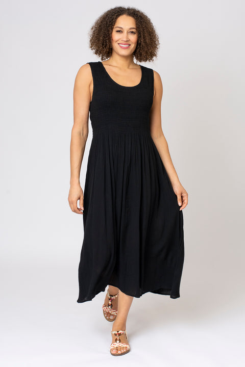 Shirred Bodice Plain Dress