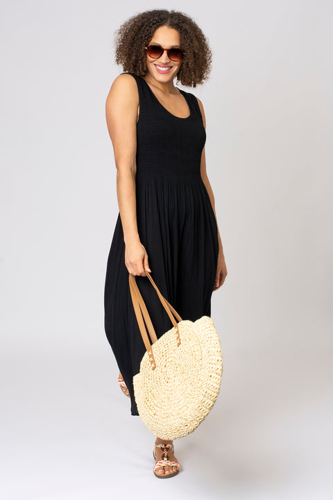 Shirred Bodice Plain Dress