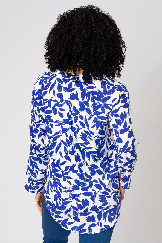 Stamp Leaf Print Notch Neck Top