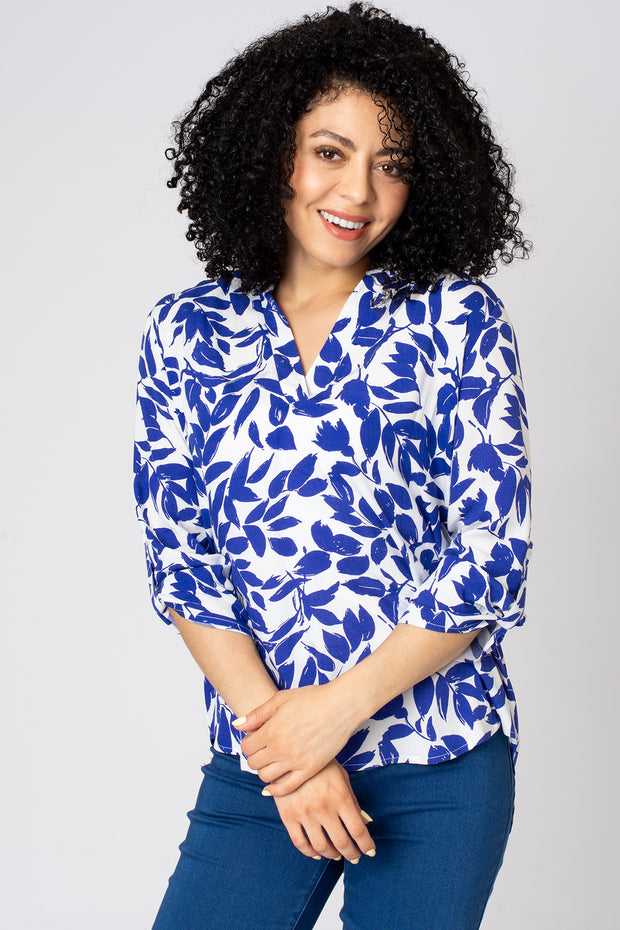 Stamp Leaf Print Notch Neck Top