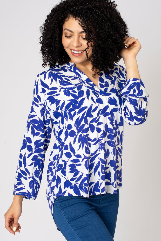 Stamp Leaf Print Notch Neck Top