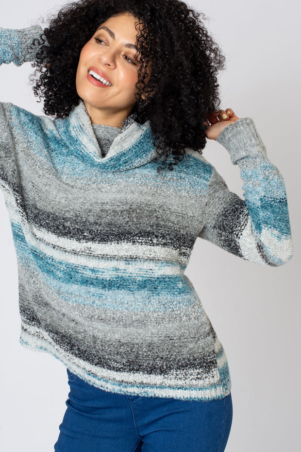 Textured Blurred Stripe Cowl Neck Jumper