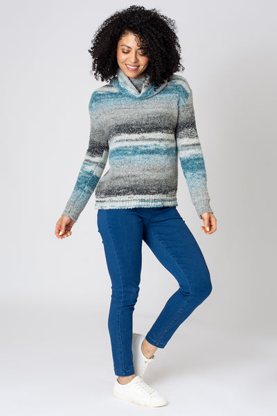 Textured Blurred Stripe Cowl Neck Jumper