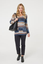 Blurred Stripe V Neck Pocket Jumper