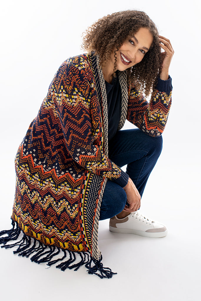 Zig zag jacquard fringed cardi