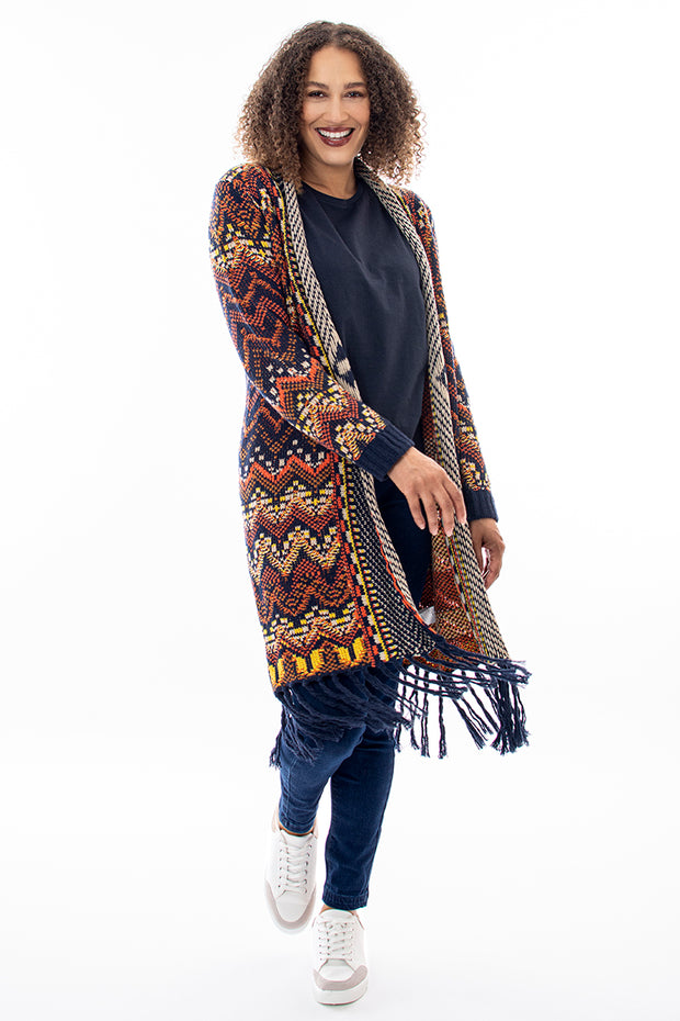 Zig zag jacquard fringed cardi