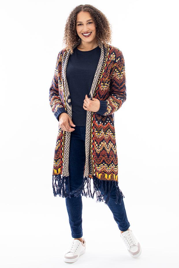 Zig zag jacquard fringed cardi