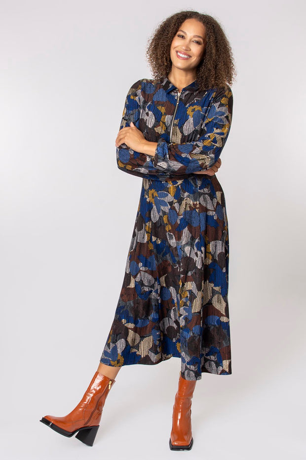 Zip Neck Floral Midi Dress