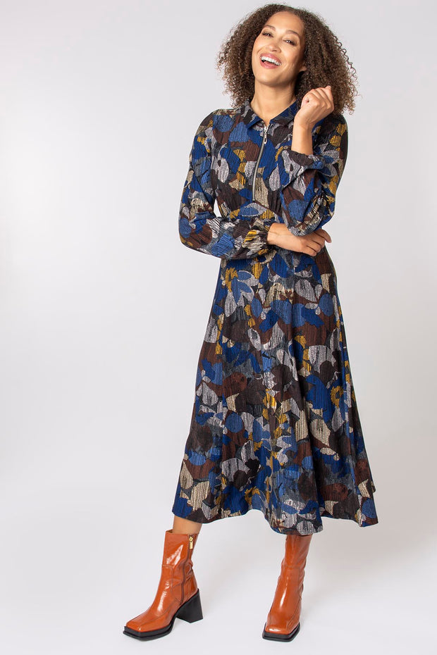 Zip Neck Floral Midi Dress